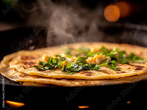 Closeup of a sizzling comal with fresh tlacoyos cooking, topped with nopales and queso fresco, capturing the steam and the golden crust forming on the masa photo