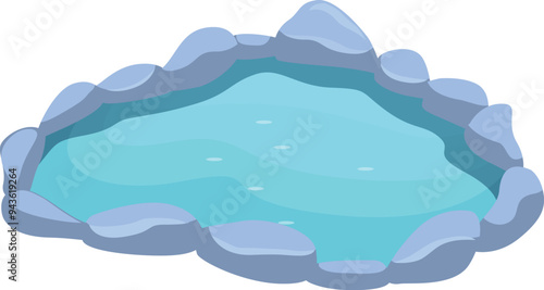 Illustration featuring a small pond surrounded by rocks that is reflecting the blue sky