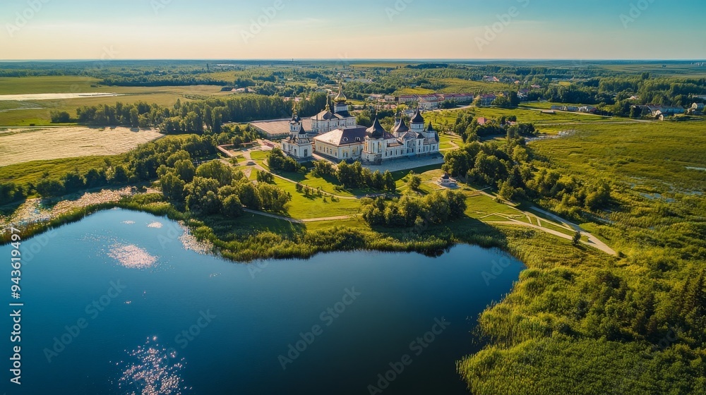 Aerial view of Spaso-Yakovlevsky Monastery near Nero Lake on a sunny day. Aerial view of Spaso-Yakovlevsky Monastery near Nero Lake on a sunny day.