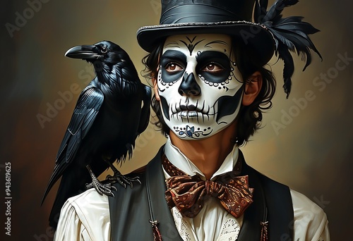 Calavera man in formal attire, crow on shoulder. photo