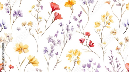Stunning Watercolor Floral Pattern with Vibrant Blooming Flowers and Lush Botanical Elements