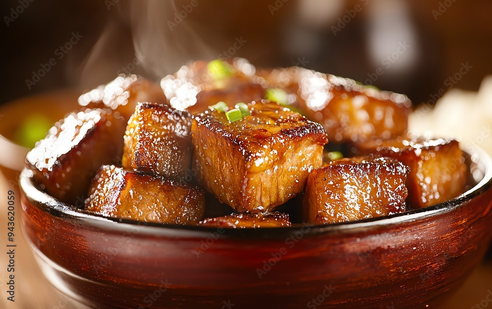 Dongpo pork from Hangzhou, a rich and tender braised pork belly with a glossy, caramelized exterior, served in a deep red lacquered bowl with a side of steamed rice Dongpo pork from Hangzhou, a rich and tender braised pork belly with a glossy, caramelized exterior, served in a deep red lacquered bowl with a side of steamed rice