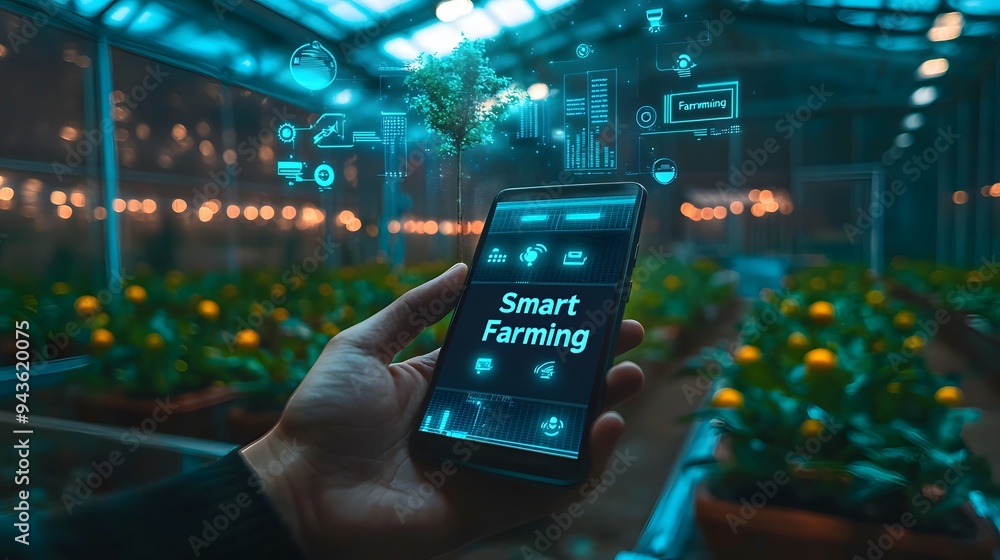 A hand holding a smartphone displaying 'Smart Farming' in a vibrant greenhouse. A hand holding a smartphone displaying 'Smart Farming' in a vibrant greenhouse.