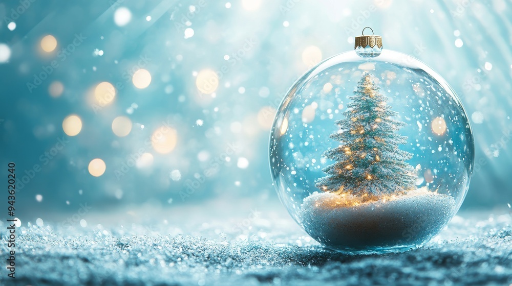 Festive empty glass transparent ball with Christmas tree inside on it. Blue background with white snowflakes and rays of light. Copy space Festive empty glass transparent ball with Christmas tree inside on it. Blue background with white snowflakes and rays of light. Copy space