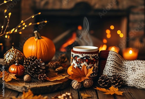 Sweatered person, warm mug by fireplace, autumnal decor. photo