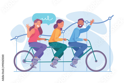 Business Process with Man and Woman Ride Bicycle Together Vector Illustration