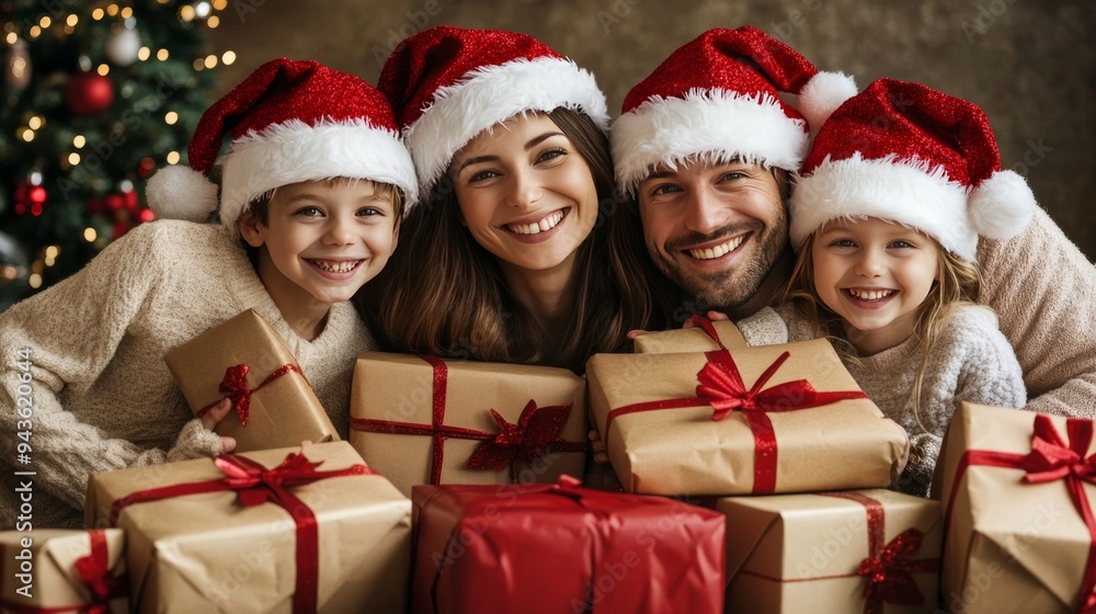 Winter's embrace brings festive smiles as family unites in Santa hats. Winter's embrace brings festive smiles as family unites in Santa hats.