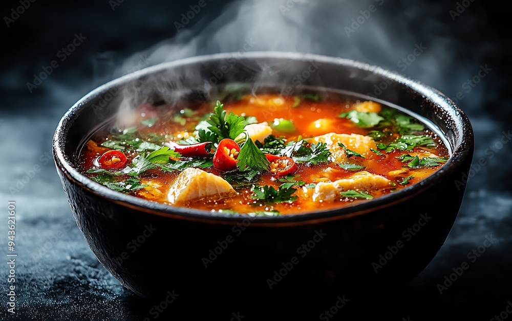 Guizhou sour fish soup in a rustic clay pot, featuring tender fish slices in a tangy, spicy broth, garnished with fresh cilantro and chili peppers, with steam rising from the pot Guizhou sour fish soup in a rustic clay pot, featuring tender fish slices in a tangy, spicy broth, garnished with fresh cilantro and chili peppers, with steam rising from the pot