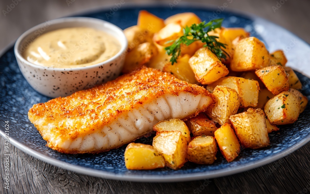 Hamburgstyle Pannfisch, crispy fried fish served with mustard sauce and panfried potatoes, presented on a seablue plate with maritime decorations Hamburgstyle Pannfisch, crispy fried fish served with mustard sauce and panfried potatoes, presented on a seablue plate with maritime decorations