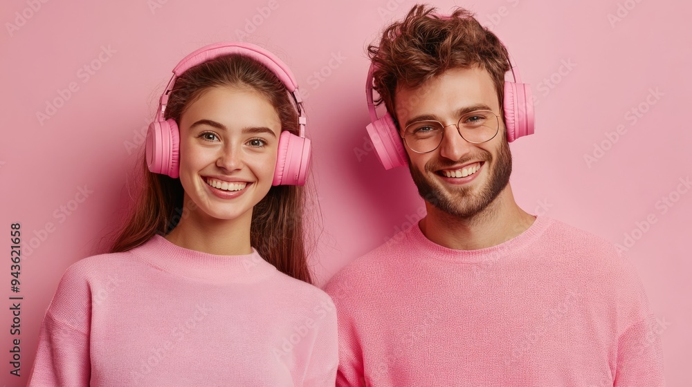 Joyful man and woman enjoy music with headphones, smiling at camera. Joyful man and woman enjoy music with headphones, smiling at camera.