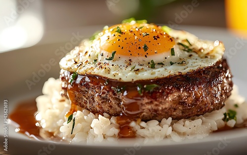 Hawaiian loco moco on a white plate, featuring a hamburger patty over rice, topped with gravy and a fried egg, with a tropical beach in the background