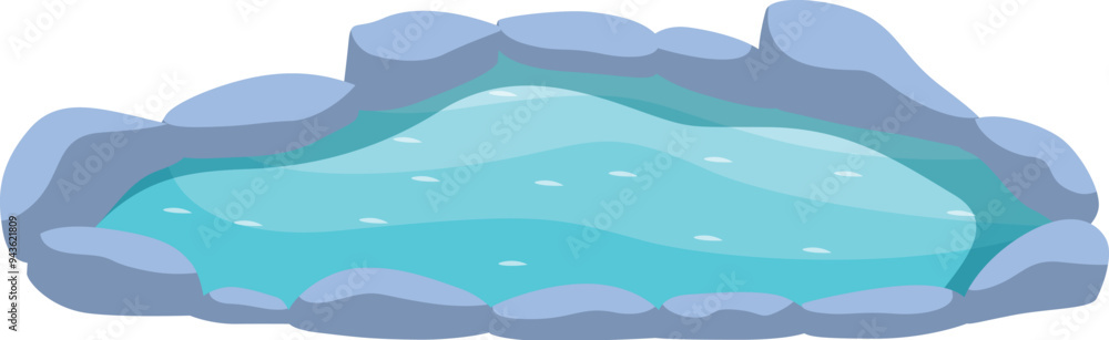 Cartoon blue water pond surrounded by gray stones creating a natural oasis Cartoon blue water pond surrounded by gray stones creating a natural oasis
