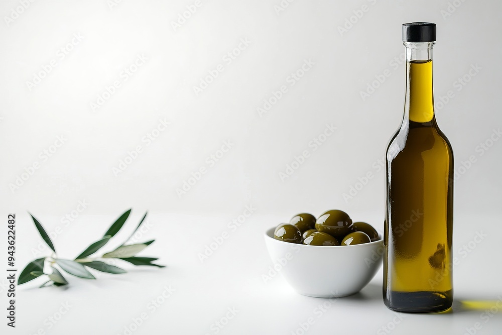 Olives and olive oil in white bowl with bottle of olive oil on white background. Mockup for package. Generative Ai Olives and olive oil in white bowl with bottle of olive oil on white background. Mockup for package. Generative Ai