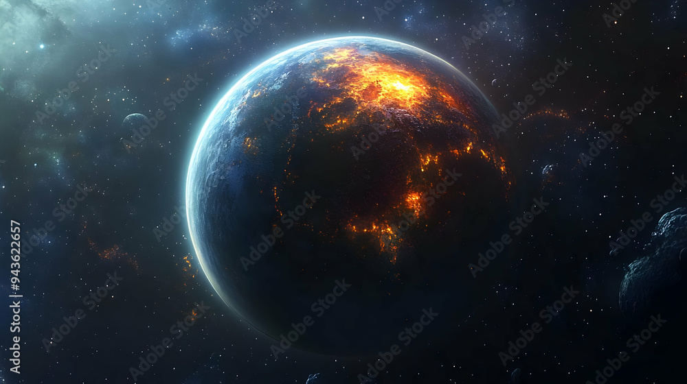 A fiery planet in deep space with a starry background. A fiery planet in deep space with a starry background.