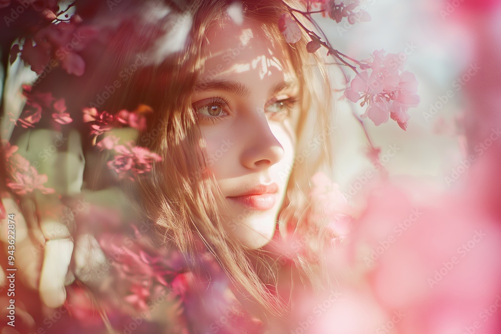 A young woman with natural features and serene expression surrounded by blooming cherry blossoms, evoking tranquility and grace. A young woman with natural features and serene expression surrounded by blooming cherry blossoms, evoking tranquility and grace.