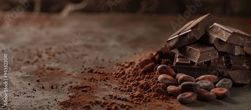 Dark chocolate cocoa beans and powder displayed on a concrete table with copy space image