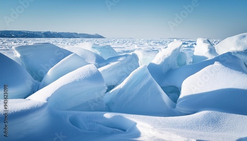 cracked ice hummocks covered with white snow broken ice fragments photo