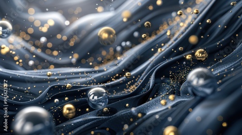 3D rendering of silver and gold spheres bubbles in black background