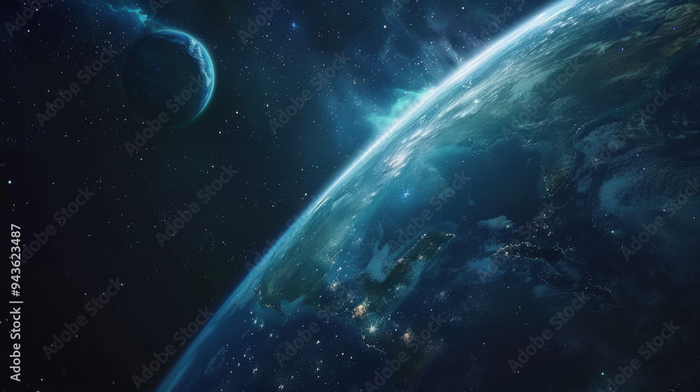 Fototapeta premium Pan across the cosmic expanse to unveil a distant, vibrant Earth, glowing softly in hues of blue and green against the dark void of space.
