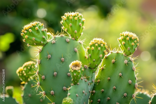 Image of green spiky cactus, with distinctive spines and developing buds, illuminated by bright outdoor sunlight.