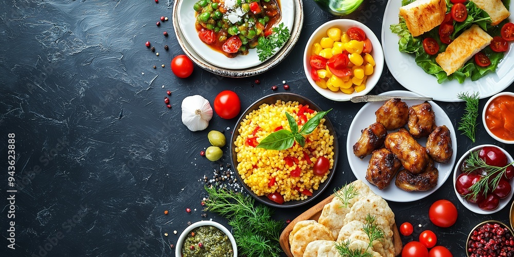 An array of colorful dishes including grilled items, salads, and grains spread out on a dark surface. An array of colorful dishes including grilled items, salads, and grains spread out on a dark surface.