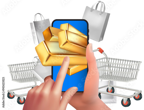 Advertising concept: Gold sweepstakes via smartphone, shopping, online shopping, sale day Concept. 3D vector Mesh gradient wes