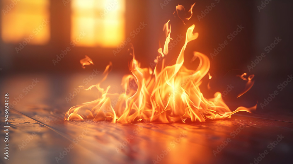 Fototapeta premium Flames Dancing on a Wooden Floor with a Warm Background