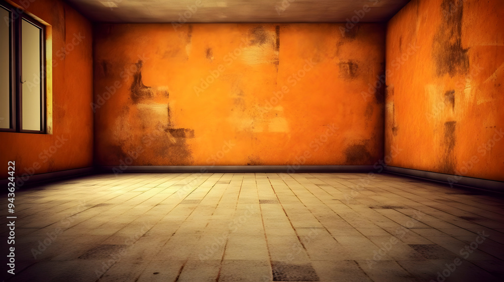 Empty Room with Orange Walls and Wooden Floor, Background for Design Empty Room with Orange Walls and Wooden Floor, Background for Design