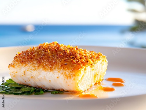 Roasted macadamia encrusted barramundi, served on a bed of native greens, with a serene coastal backdrop and gentle morning light photo