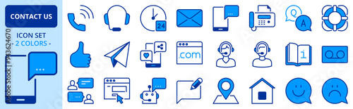 Icons in two colors about contact us. Communication concept.