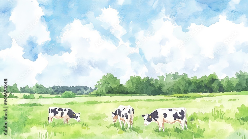 Fototapeta premium A serene landscape featuring cows grazing in a lush green field under a bright blue sky filled with fluffy clouds.