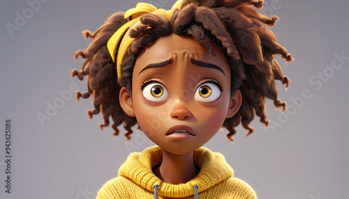 Sad Stressed African Cartoon Character Girl in Yellow Sweater in 3D Style on Light Background