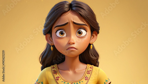 Sad Stressed Indian Cartoon Character Young Woman in Yellow Dress Portrait in 3D Style on Light Background