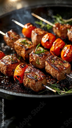 Saltbush seasoned lamb kebabs, grilled to perfection, served on a rustic plate with charred vegetables, capturing the rugged beauty of the Australian landscape photo