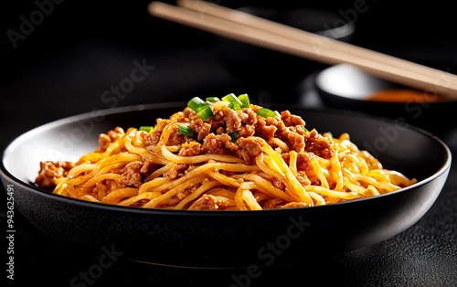 Shaanxi biang biang noodles, wide and handpulled, topped with spicy minced meat, garlic, and green onions, served in a large, shallow bowl with a side of vinegar photo