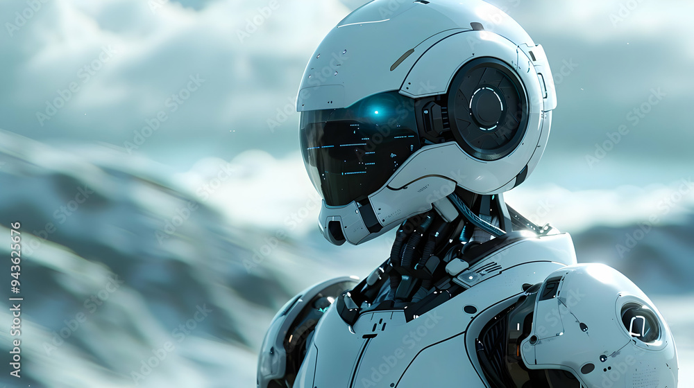 A White Robot Stands in a Snowy Background, Looking Out Over the Horizon A White Robot Stands in a Snowy Background, Looking Out Over the Horizon