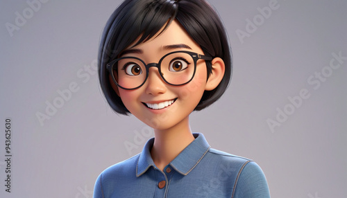 Smiling Asian Cartoon Young Woman with Short Black Hair and Glasses - 3D Style Portrait on Light Background