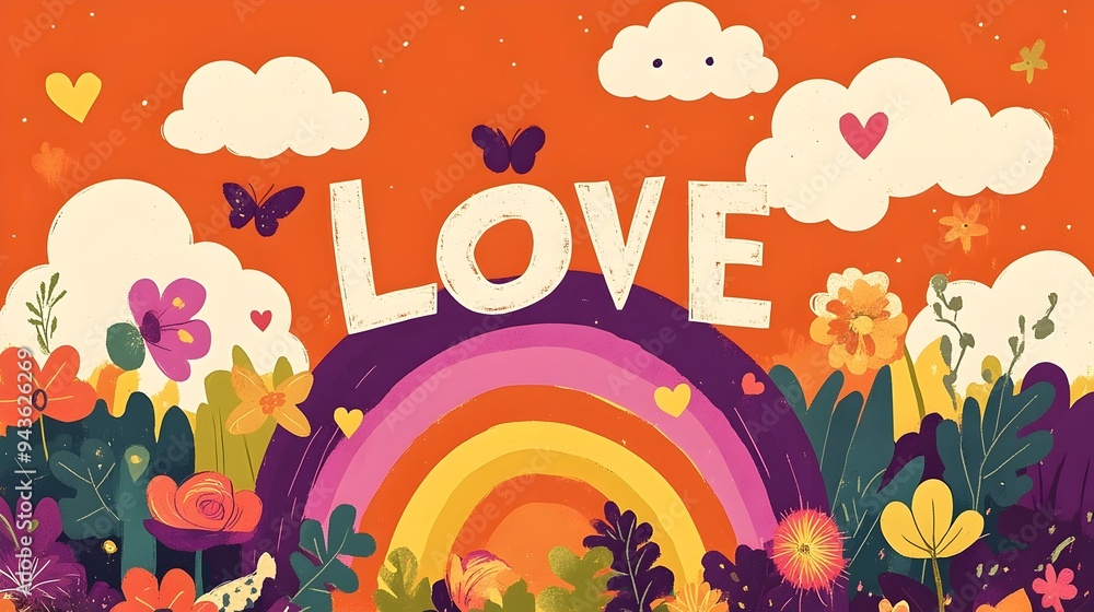 Fototapeta premium Colorful Whimsical of Rainbow,Flowers and Hearts in the Sky