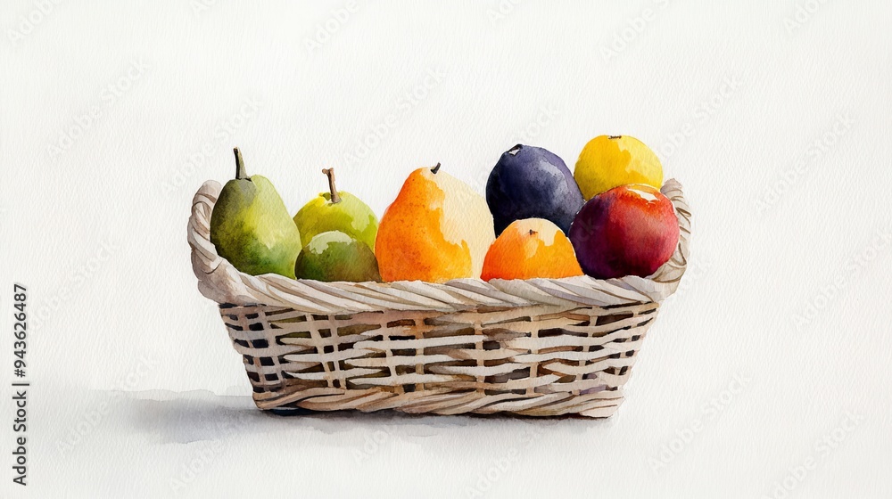 A vibrant basket filled with fresh fruits, showcasing a colorful assortment of pears, oranges, plums, and apples against a minimalist background. A vibrant basket filled with fresh fruits, showcasing a colorful assortment of pears, oranges, plums, and apples against a minimalist background.