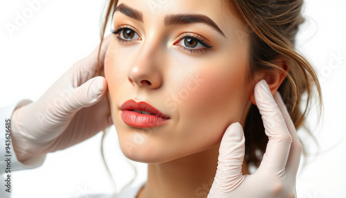 Young Woman Preparing for Plastic Surgery: Doctor Contouring Patient's Face in a Clinical Setting photo