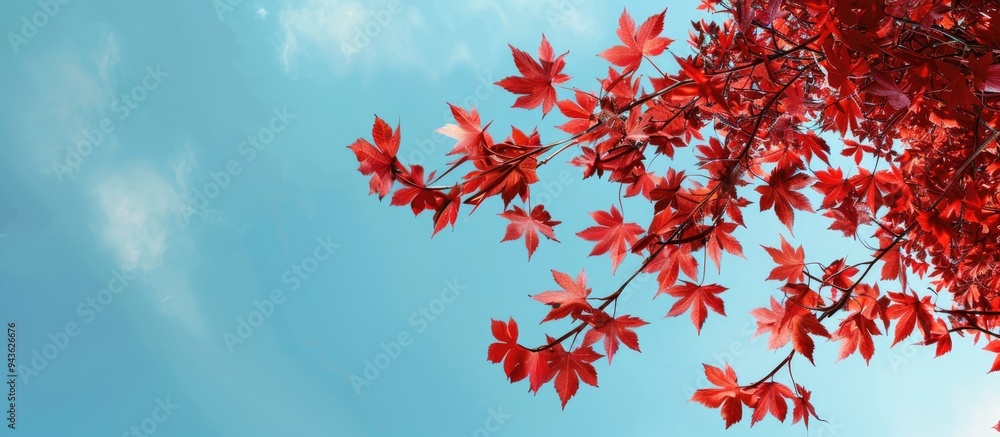 A serene blue sky forms the backdrop for a vivid red maple branch in the copy space image A serene blue sky forms the backdrop for a vivid red maple branch in the copy space image