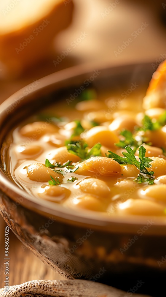 Traditional Portuguese fava bean stew served in a deep, rustic dish, garnished with fresh herbs and accompanied by a slice of crusty bread Traditional Portuguese fava bean stew served in a deep, rustic dish, garnished with fresh herbs and accompanied by a slice of crusty bread