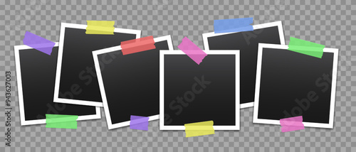 Vector blank photo frames with transparent adhesive tape isolated on transparent background. Template mockup photo design. Torn pieces of masking tape.