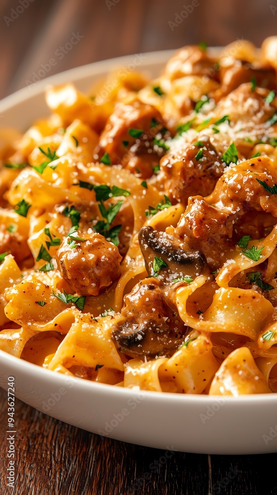 Turkey and mushroom stroganoff, served over a bed of egg noodles with a sprinkle of fresh parsley Turkey and mushroom stroganoff, served over a bed of egg noodles with a sprinkle of fresh parsley