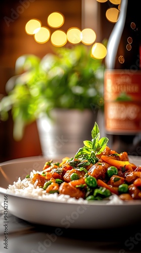 Turkey and vegetable stirfry with a soyginger sauce, served on a white plate with a side of jasmine rice photo