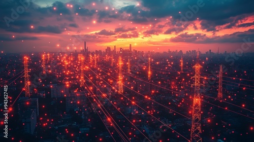 A conceptual view of a decentralized energy grid with glowing pylons illuminated against a vibrant sunset skyline.