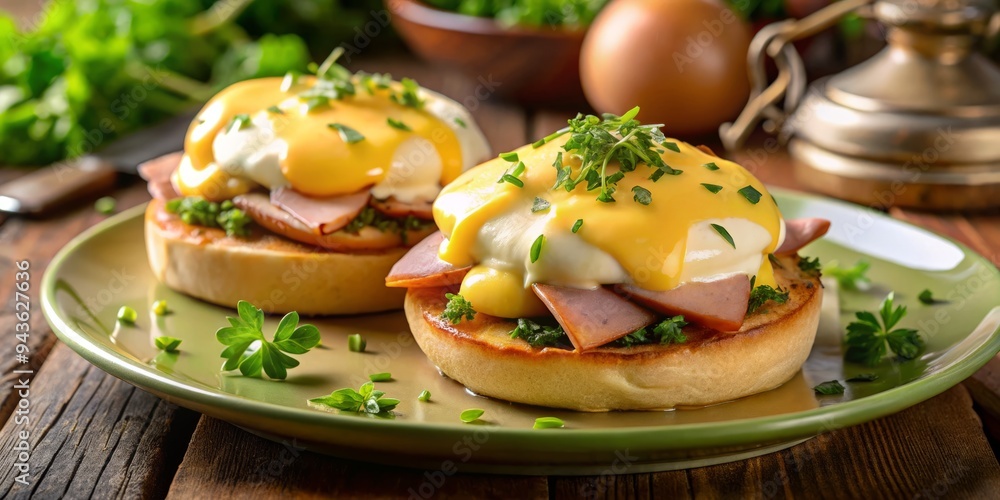 Golden morning light illuminates a decadent Eggs Benedict with crispy ham and melted Gouda cheese on toasted English muffins, fresh herbs, and rich hollandaise sauce. Golden morning light illuminates a decadent Eggs Benedict with crispy ham and melted Gouda cheese on toasted English muffins, fresh herbs, and rich hollandaise sauce.