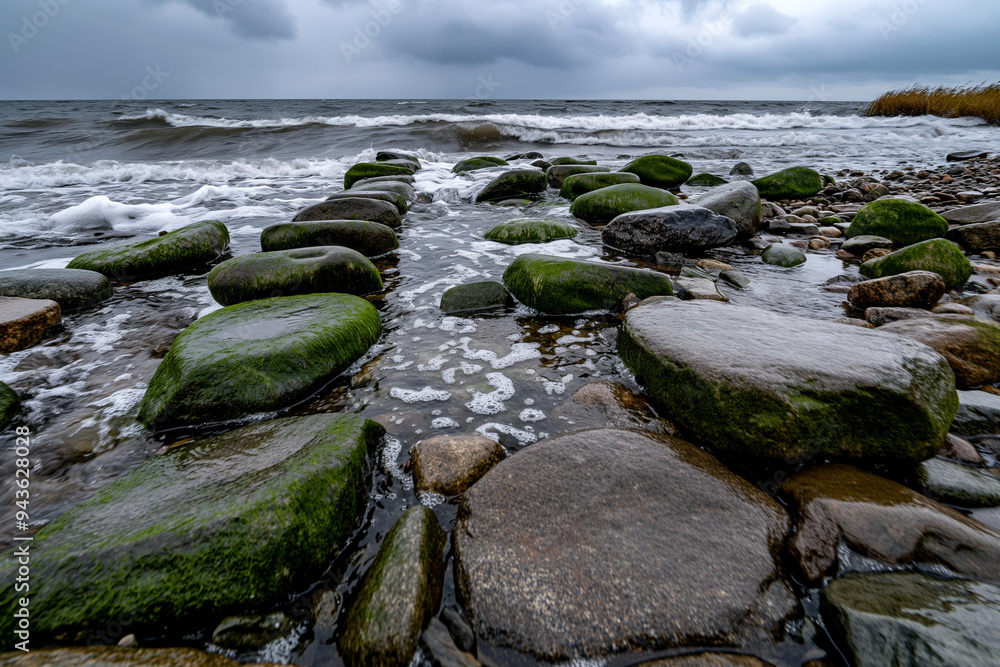 Rocky Shoreline with Moss-Covered Stones and Waves Rocky Shoreline with Moss-Covered Stones and Waves