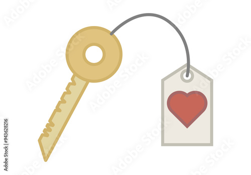 Llave dorada con etiqueta blanca con corazón rojo
