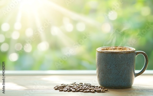 Wattle seed roasted coffee in a rustic mug, placed on a wooden table with native bushland visible through an open window, morning light streaming in photo